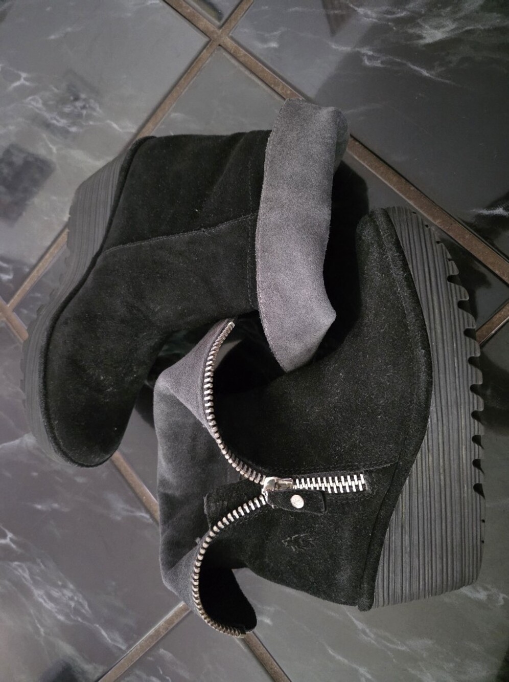 Women’s Black Suede Fold-Over Ankle Booties with Exposed Zipper Fly London